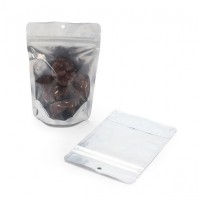 Standbodenbeutel Transparent/Silber 10x6x15cm | 57 Gramm mit rundes aufhängeloch (100 Stück) [ZBGS2H]