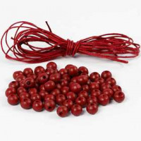 Holzperlen und Baumwollschnur, D: 8 mm, Stärke: 3 mm, Rot, 1Set [HOB-25240]